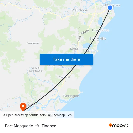 Port Macquarie to Tinonee map