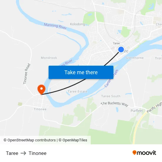 Taree to Tinonee map