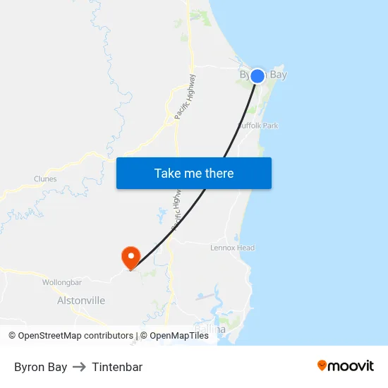 Byron Bay to Tintenbar map
