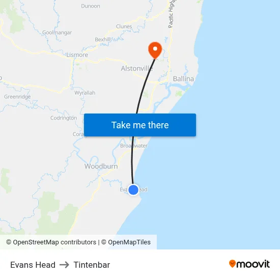 Evans Head to Tintenbar map