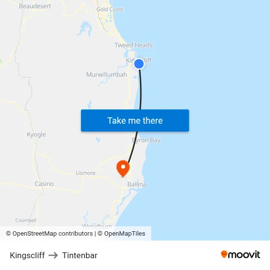 Kingscliff to Tintenbar map