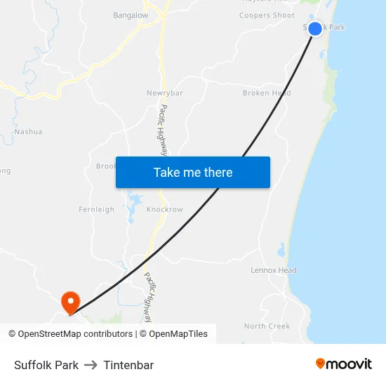 Suffolk Park to Tintenbar map