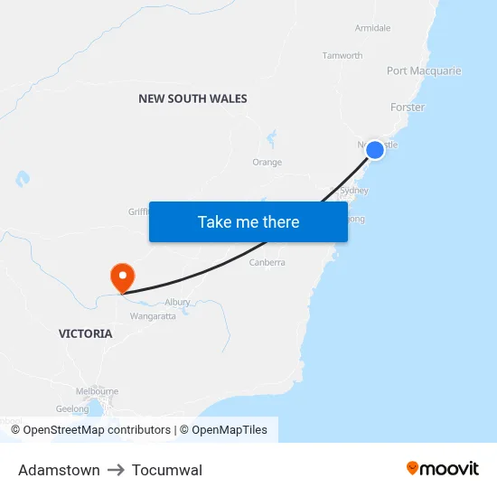 Adamstown to Tocumwal map