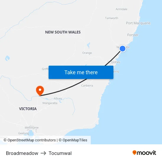 Broadmeadow to Tocumwal map