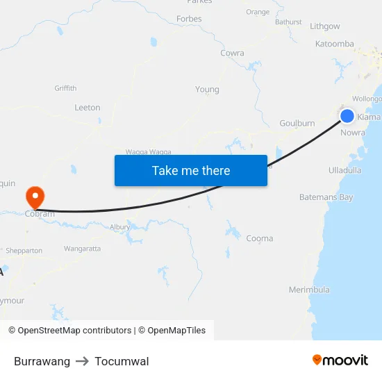 Burrawang to Tocumwal map