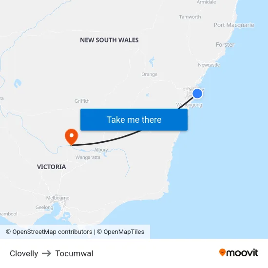 Clovelly to Tocumwal map