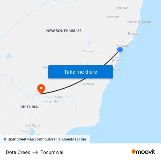 Dora Creek to Tocumwal map