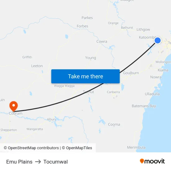 Emu Plains to Tocumwal map