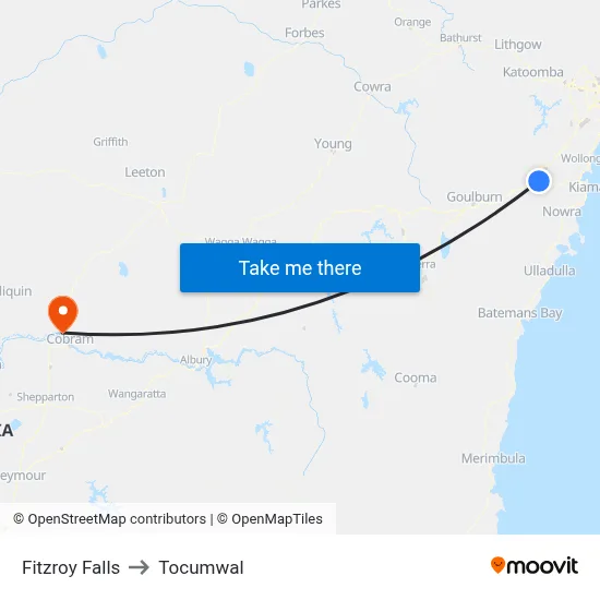 Fitzroy Falls to Tocumwal map