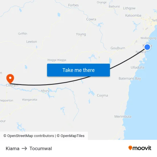 Kiama to Tocumwal map