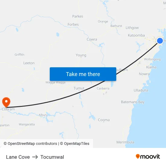 Lane Cove to Tocumwal map