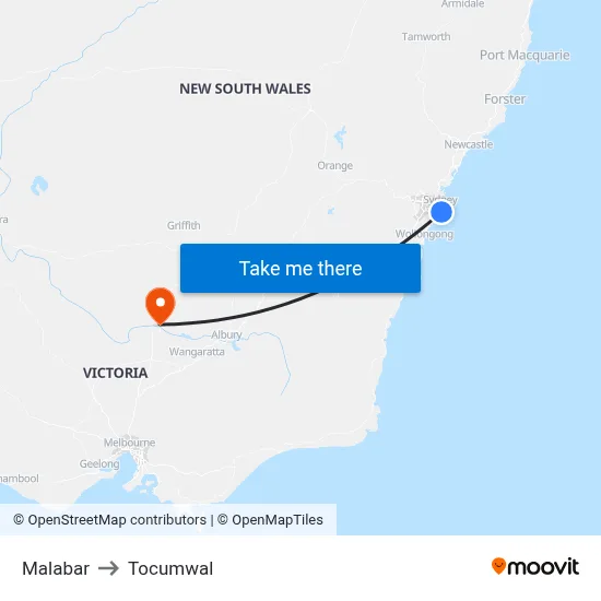 Malabar to Tocumwal map