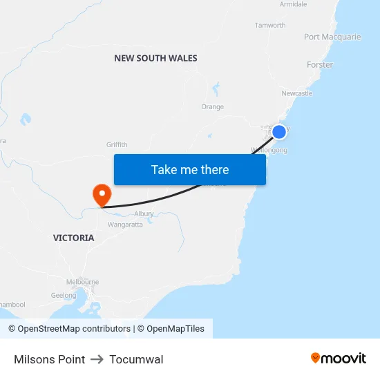 Milsons Point to Tocumwal map