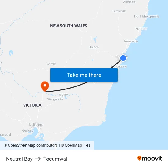 Neutral Bay to Tocumwal map