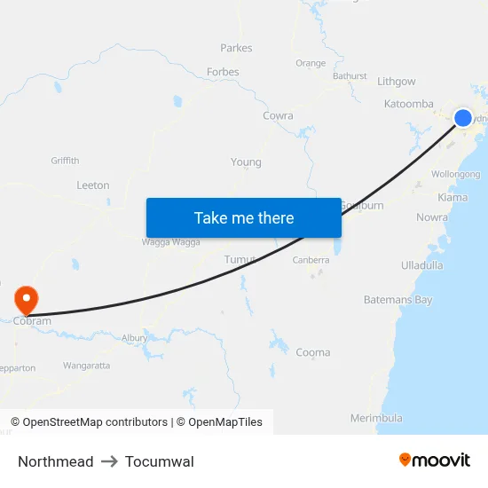 Northmead to Tocumwal map