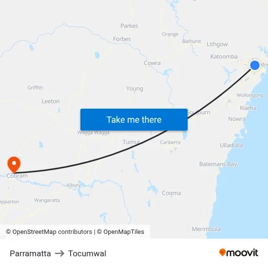 Parramatta to Tocumwal map