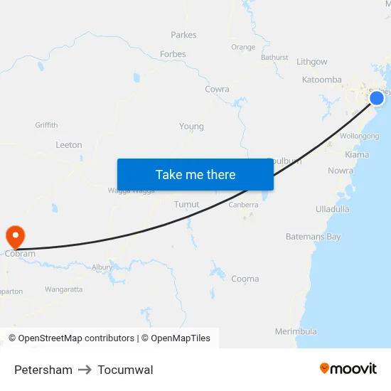 Petersham to Tocumwal map