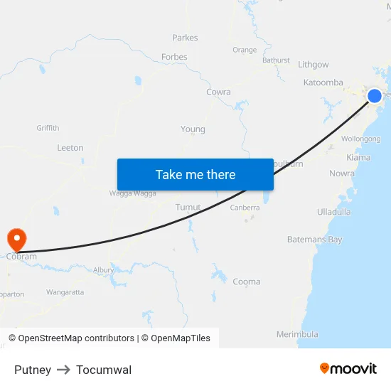 Putney to Tocumwal map