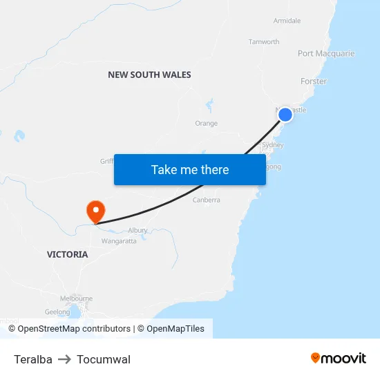 Teralba to Tocumwal map