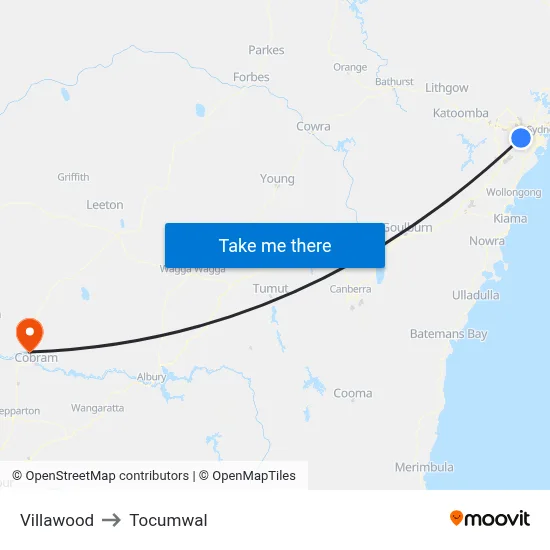Villawood to Tocumwal map