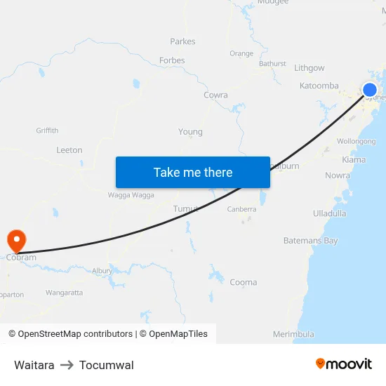 Waitara to Tocumwal map