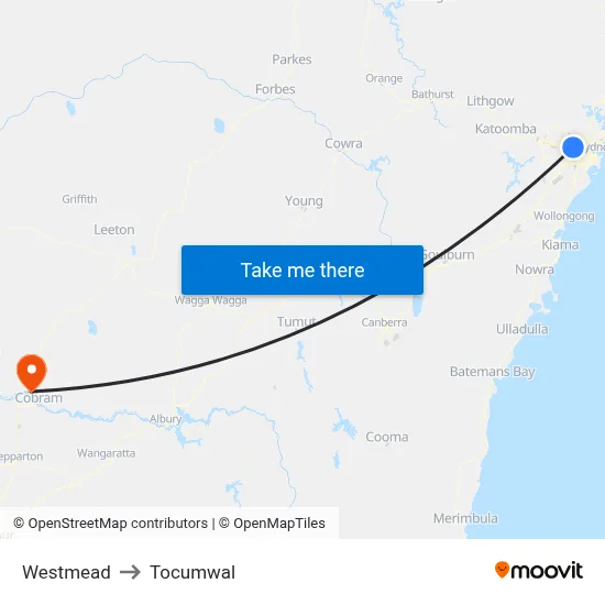 Westmead to Tocumwal map