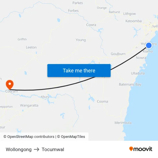 Wollongong to Tocumwal map