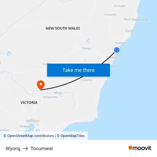 Wyong to Tocumwal map