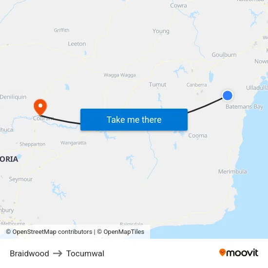 Braidwood to Tocumwal map
