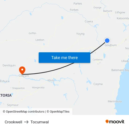 Crookwell to Tocumwal map