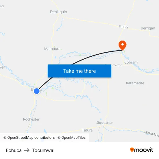 Echuca to Tocumwal map