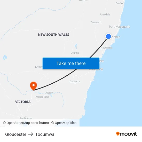 Gloucester to Tocumwal map