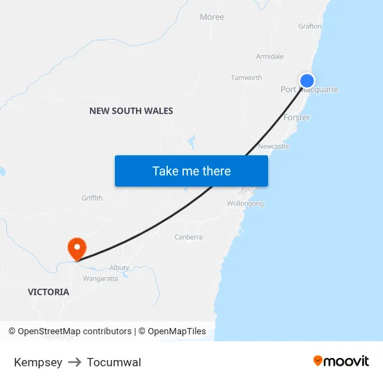 Kempsey to Tocumwal map