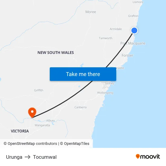 Urunga to Tocumwal map