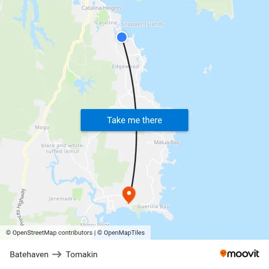 Batehaven to Tomakin map