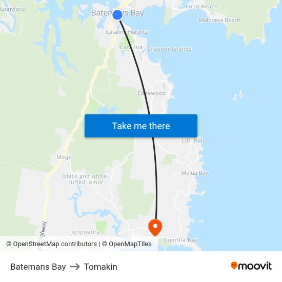 Batemans Bay to Tomakin map