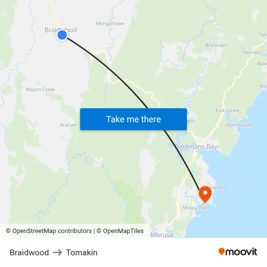 Braidwood to Tomakin map