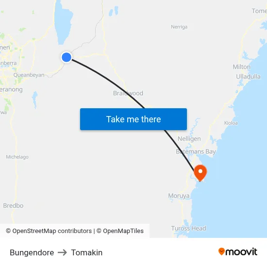 Bungendore to Tomakin map