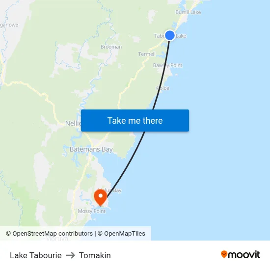 Lake Tabourie to Tomakin map