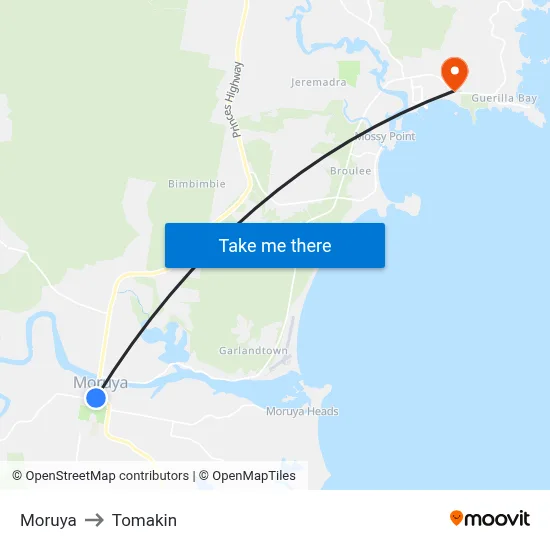 Moruya to Tomakin map