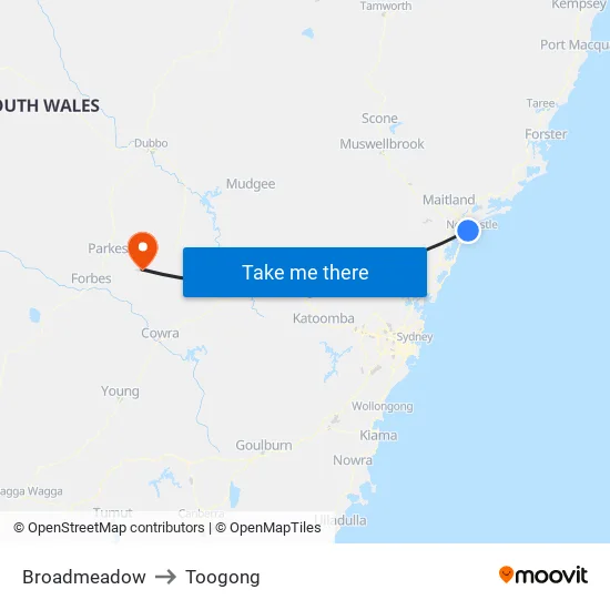 Broadmeadow to Toogong map