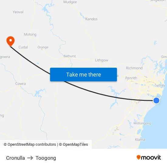 Cronulla to Toogong map