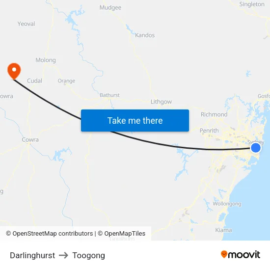 Darlinghurst to Toogong map