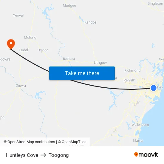 Huntleys Cove to Toogong map