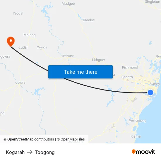 Kogarah to Toogong map