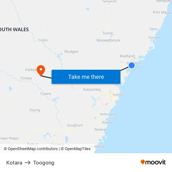 Kotara to Toogong map