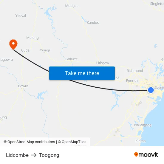 Lidcombe to Toogong map