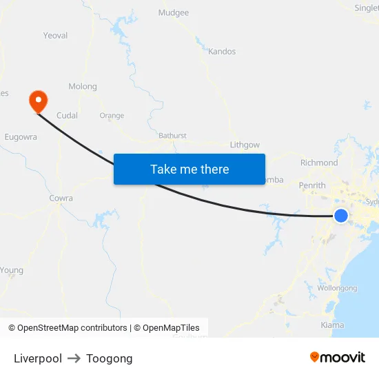 Liverpool to Toogong map