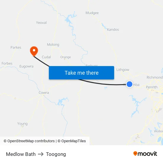 Medlow Bath to Toogong map