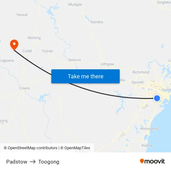 Padstow to Toogong map
